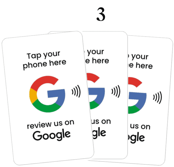 Three cards with the words'tap your phone here'and'review us on google.