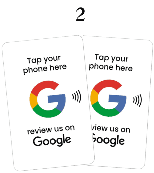 Two cards with the words tap your phone here review us on google.